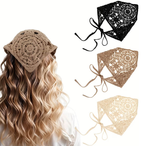 Gehaakte bandana acryl kant patroon zwart creme beige verstelbaar linten hoofddoek