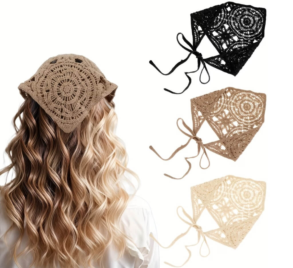 Gehaakte bandana acryl kant patroon zwart creme beige verstelbaar linten hoofddoek