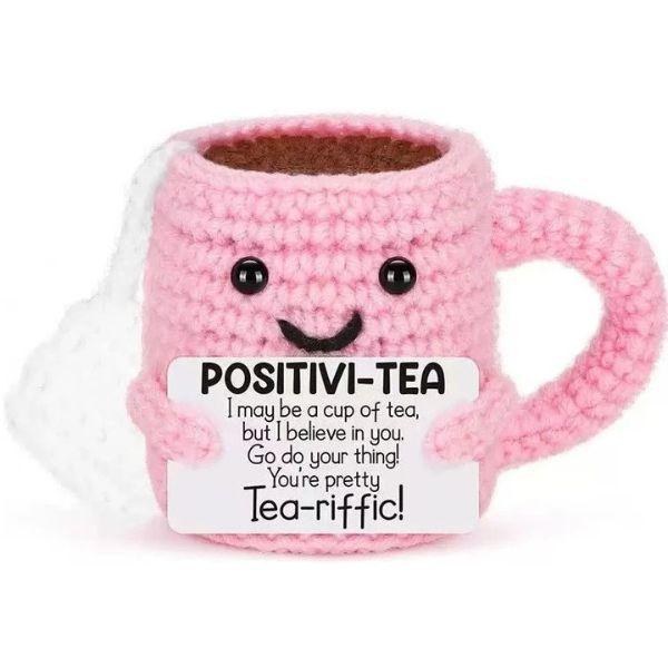 Gehaakte positivi-tea mok 7cm roze handgemaakt bordje tea-riffic inspirerend schattig decoratie