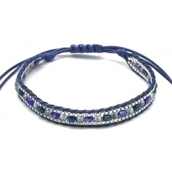 Geweven armband 1cm breed blauw groen zilver kralen aantreksluiting verstelbaar bohemian handgemaakt