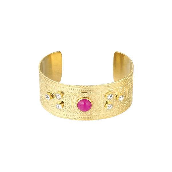 Goudkleurige Armband – Statement Cuff met Roze Steen en Kristallen - Medase