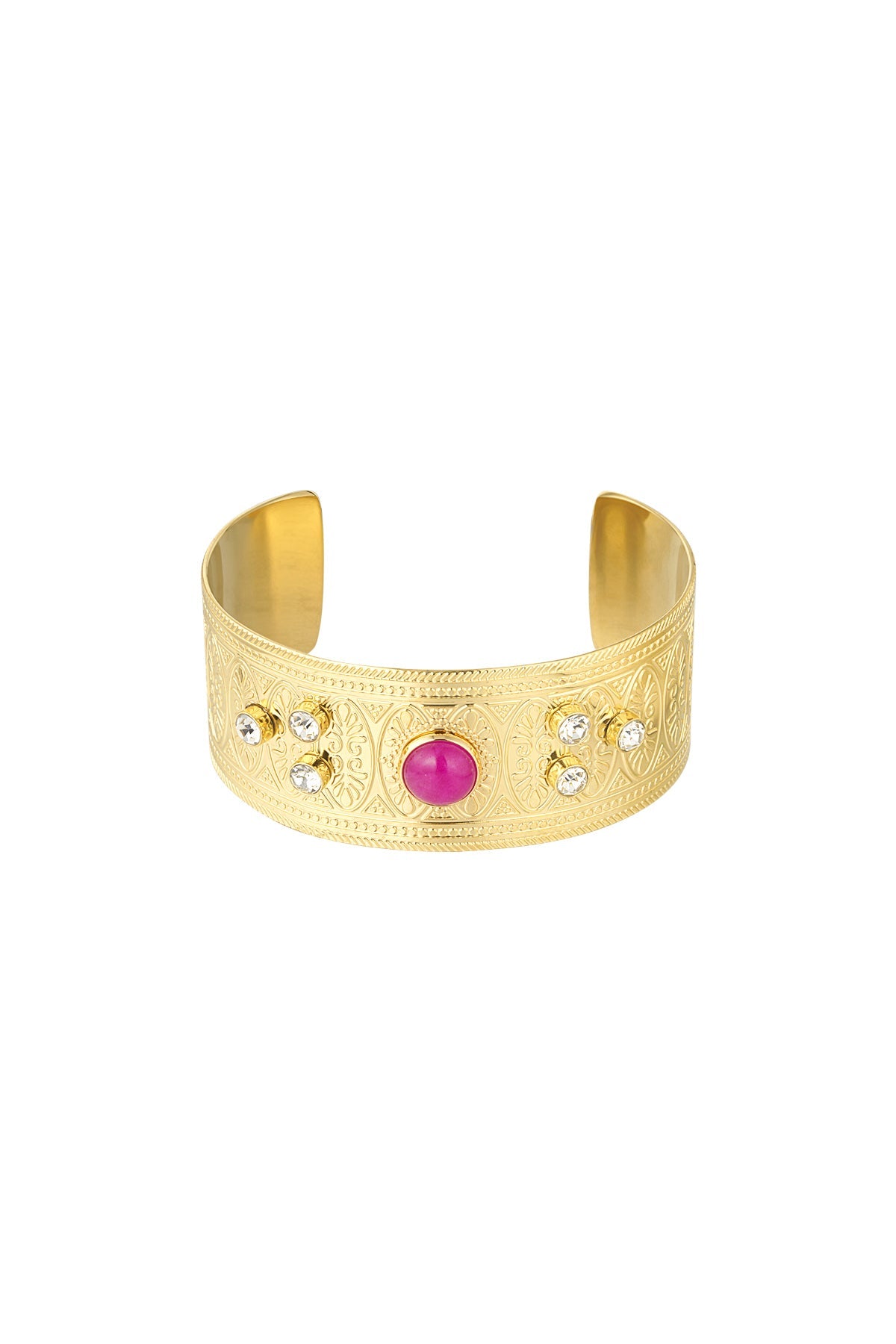 Goudkleurige Armband – Statement Cuff met Roze Steen en Kristallen - Medase