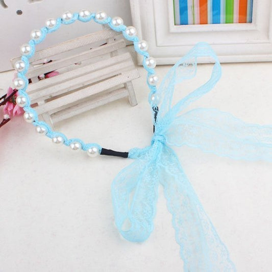 Haarband met parels en kanten lint - Blauw - Medase