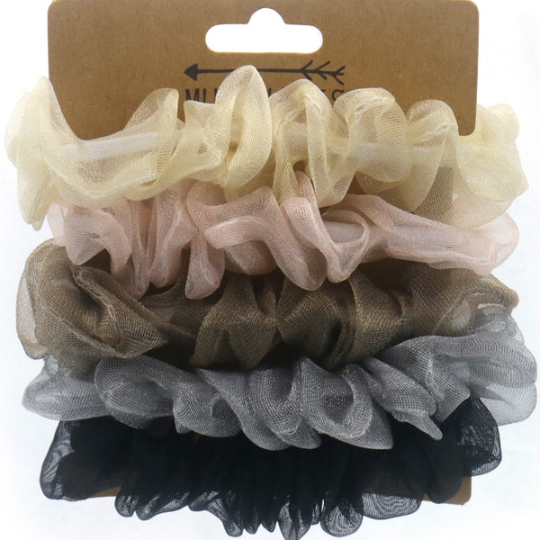 Haarelastieken set 5 stuks scrunchie organza glitter doorzichtig wit roze taupe grijs zwart verpakking