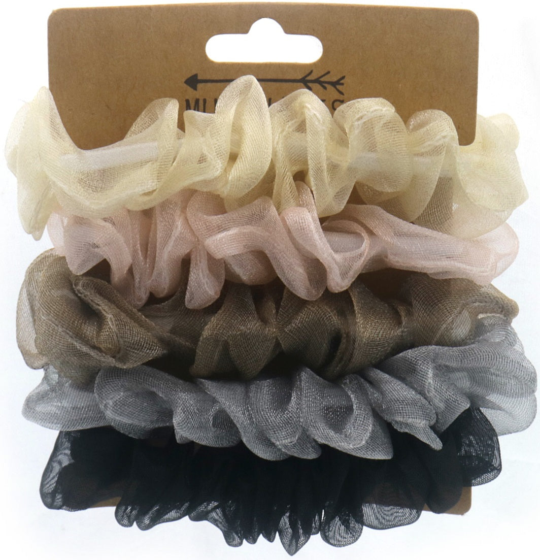 Haarelastieken set 5 stuks scrunchie organza glitter doorzichtig wit roze taupe grijs zwart verpakking