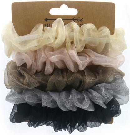 Haarelastieken set 5 stuks scrunchie organza glitter doorzichtig wit roze taupe grijs zwart verpakking