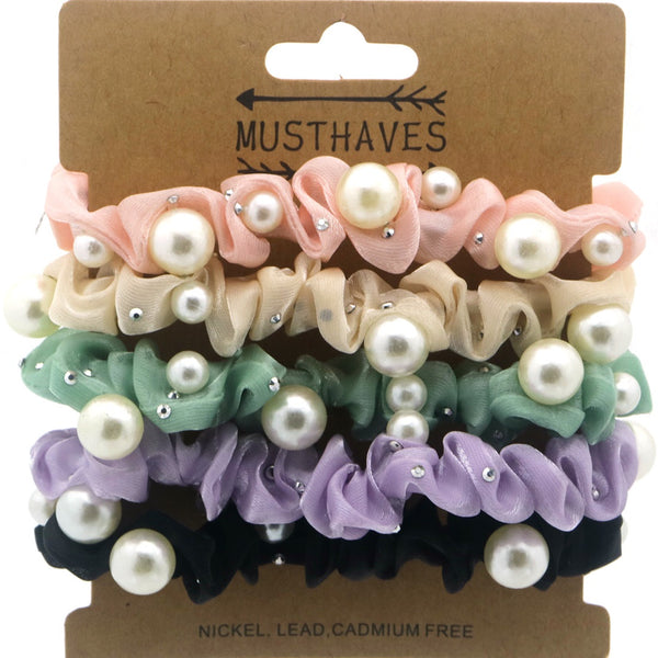 Haarelastieken set 5 stuks scrunchie pearl parels strass roze beige mint groen lila zwart verpakking pastel