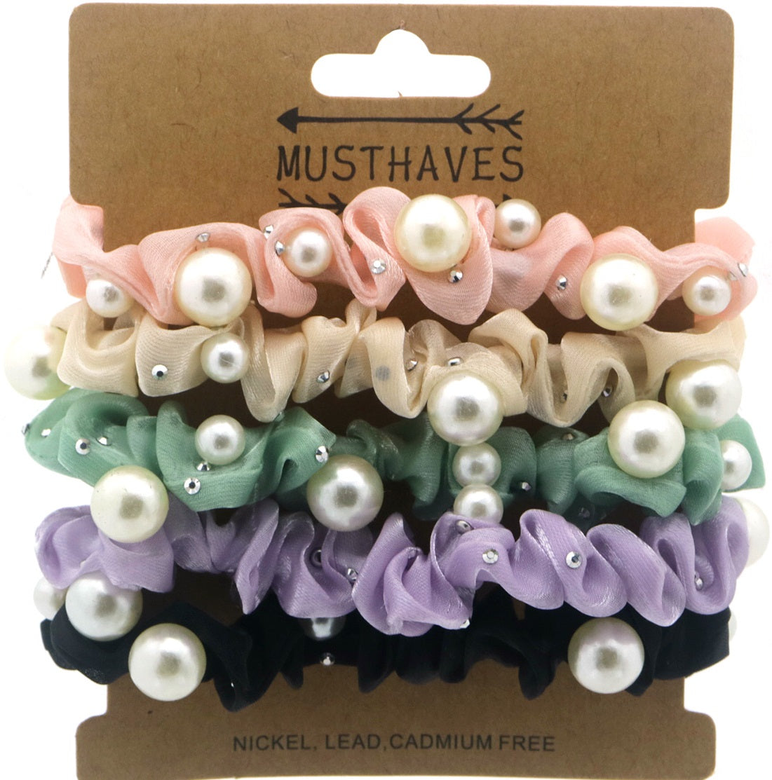 Haarelastieken set 5 stuks scrunchie pearl parels strass roze beige mint groen lila zwart verpakking pastel