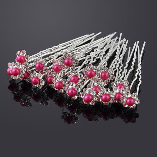 Haarpin met strassbloem en parel - Hard roze - Medase