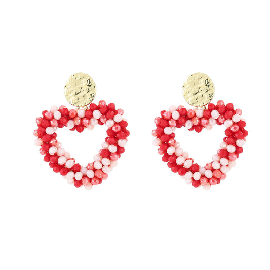 Hartvormige oorbellen met rode en roze crystal beads - Medase