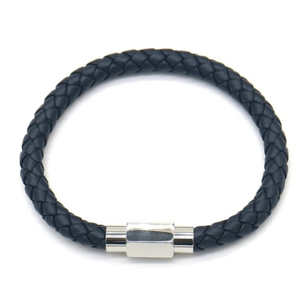 Heren armband gevlochten leer blauw magneetsluiting zilverkleurig stoer casual 22,5cm
