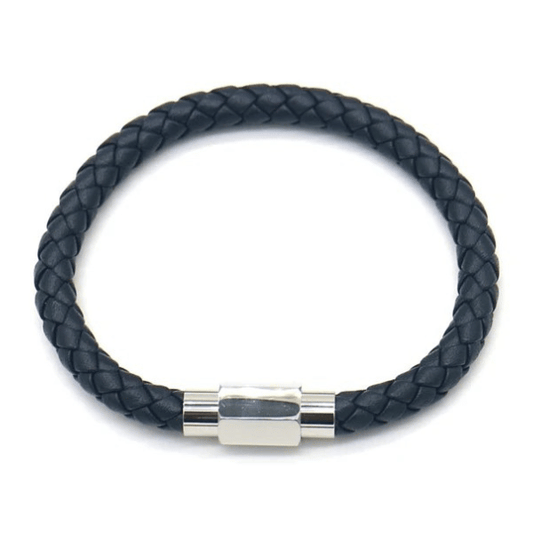 Heren armband gevlochten leer blauw magneetsluiting zilverkleurig stoer casual 22,5cm