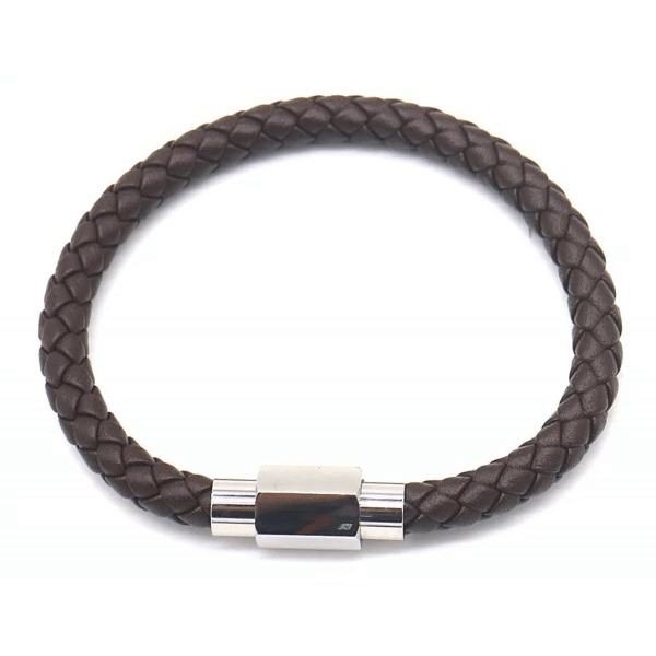 Heren armband gevlochten leer bruin magneetsluiting zilverkleurig stoer casual 19cm 21cm 22,5cm 3 maten