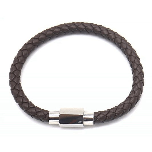 Heren armband gevlochten leer bruin magneetsluiting zilverkleurig stoer casual 19cm 21cm 22,5cm 3 maten