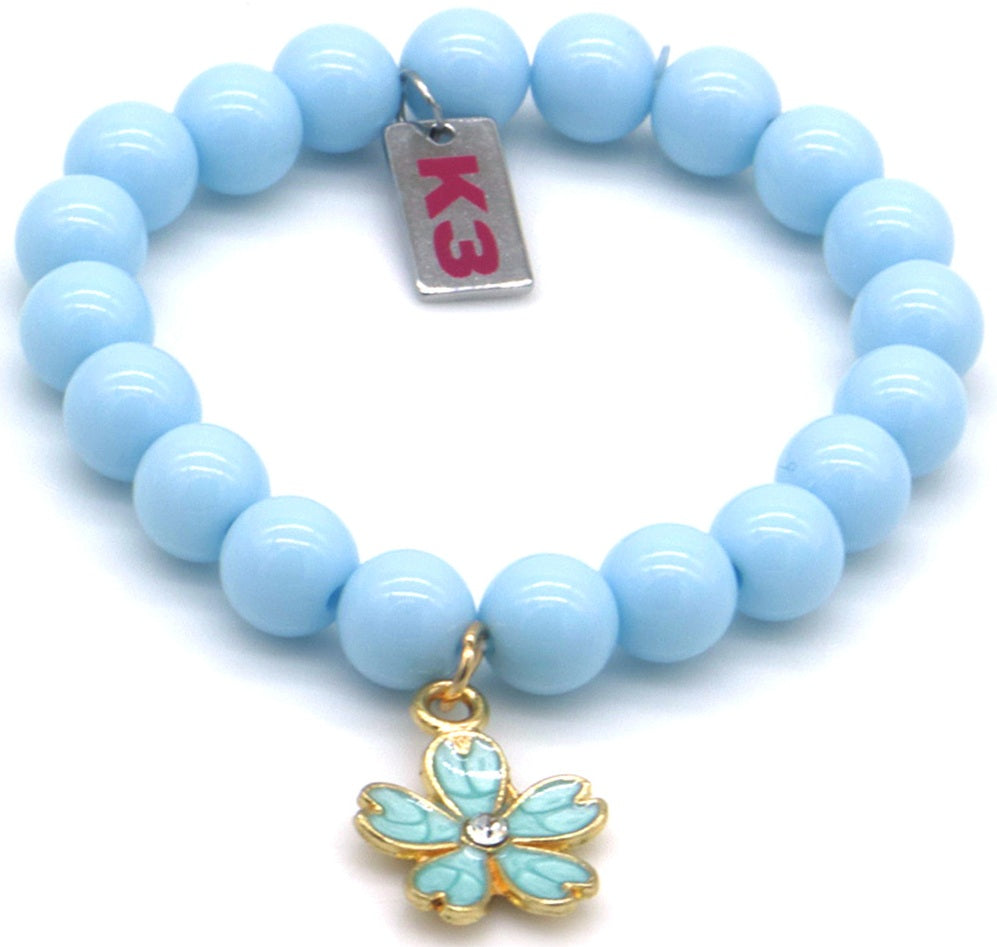 Lichtblauwe K3 kinderarmband met bloemhanger
