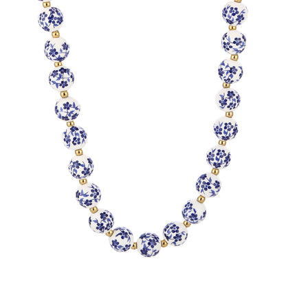 Blauw witte kralenketting met goudkleurige details - Medase