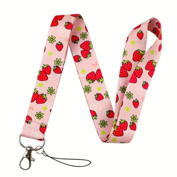 Keycord Aardbeien en Bloemen - Roze Lanyard met Karabijnhaak 45cm - Medase