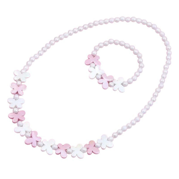 Kinder sieradenset vlinder – elastische witte glansparels met roze - witte vlindermotieven - Medase