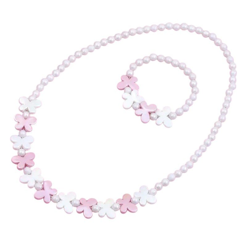 Kinder sieradenset vlinder – elastische witte glansparels met roze - witte vlindermotieven - Medase
