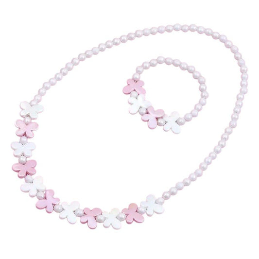 Kinder sieradenset vlinder – elastische witte glansparels met roze - witte vlindermotieven - Medase