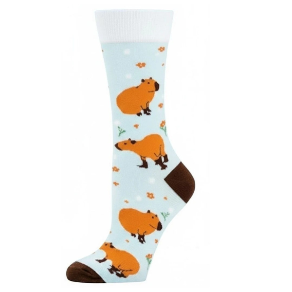 Lichtblauwe kindersokken met capibara-print, bruine teen en hiel, maat 33-38