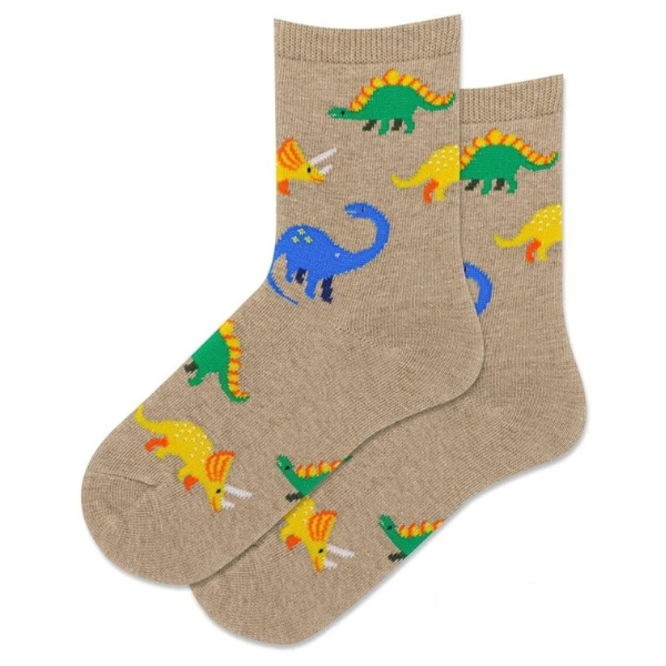 Beige kindersokken met kleurrijke dinosaurusprint in maat 33-38