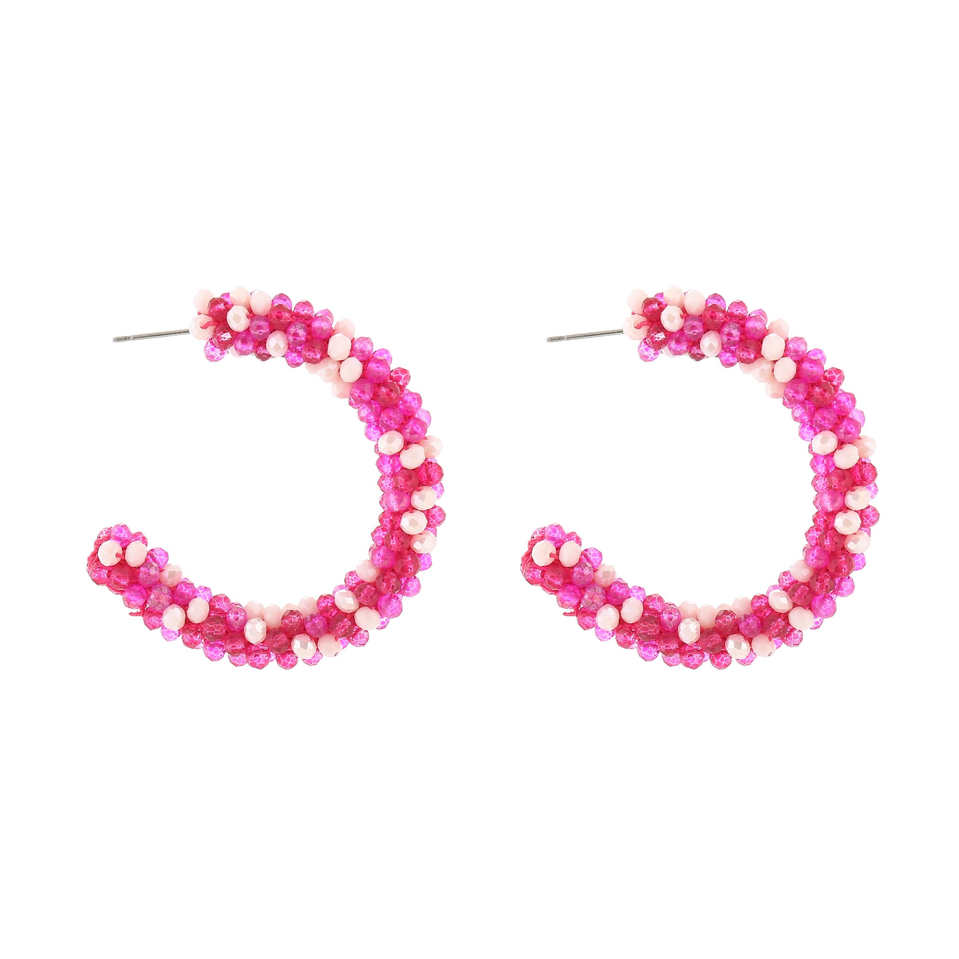 Kralen creolen oorbellen fuchsia mix 4,5 cm met glanzende kralen