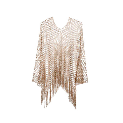 Lurex poncho goud met opengewerkt patroon en franjes