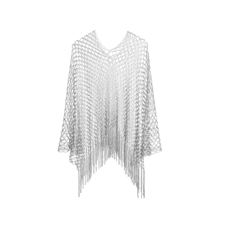 Lurex poncho khaki met opengewerkt patroon en franjes