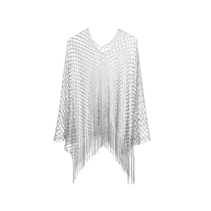 Lurex poncho khaki met opengewerkt patroon en franjes