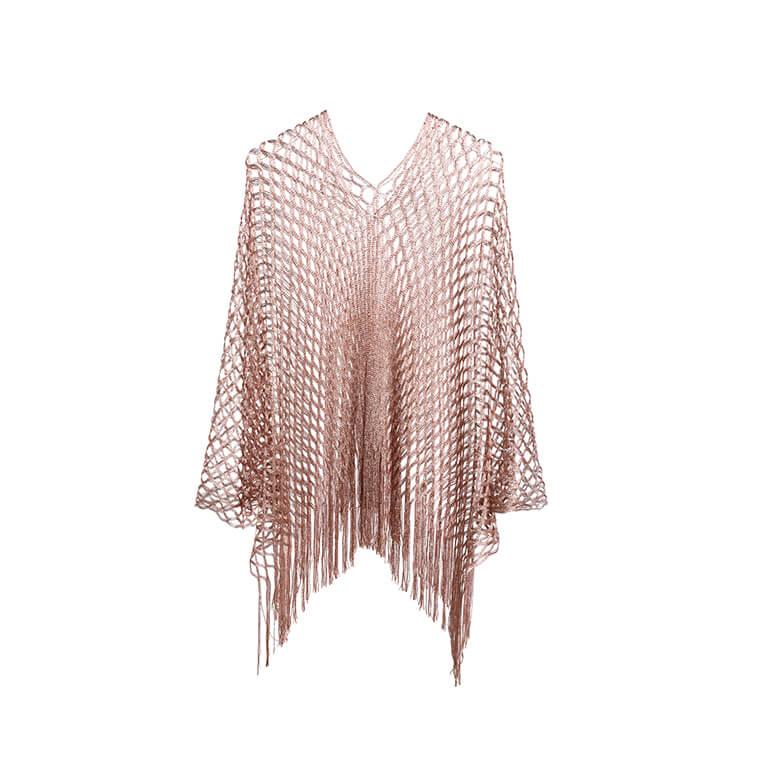 Lurex poncho rose goud met opengewerkt patroon en franjes