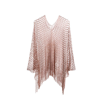 Lurex poncho rose goud met opengewerkt patroon en franjes