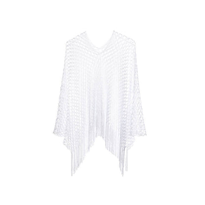 Lurex poncho wit met opengewerkt patroon en franjes