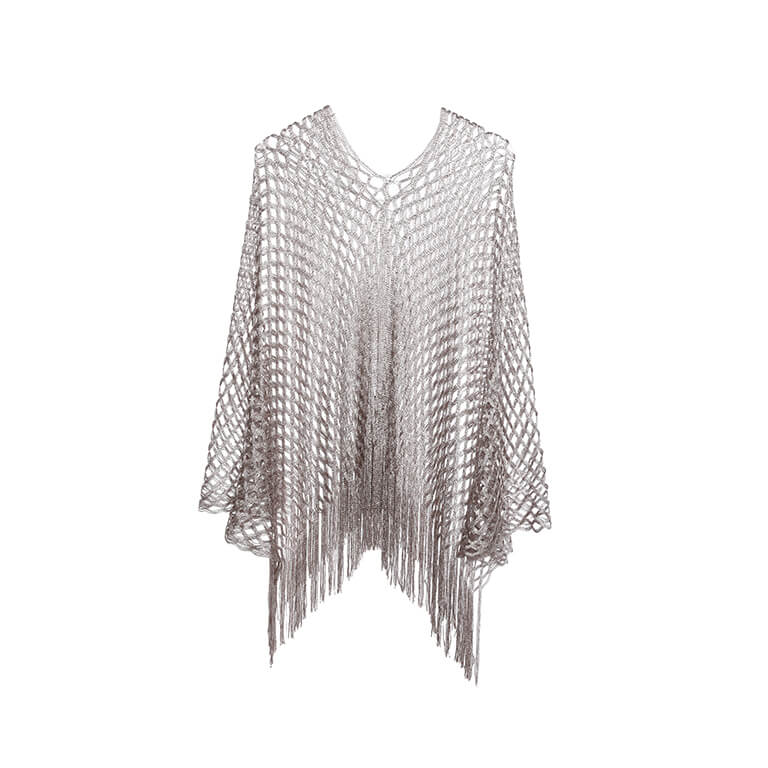 Lurex poncho zilver met opengewerkt patroon en franjes