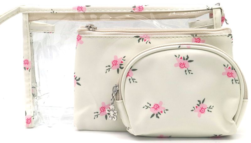 Make-up tassenset 3 stuks floral bloemenprint roze bloemetjes creme transparant waterafstotend reis toilettas