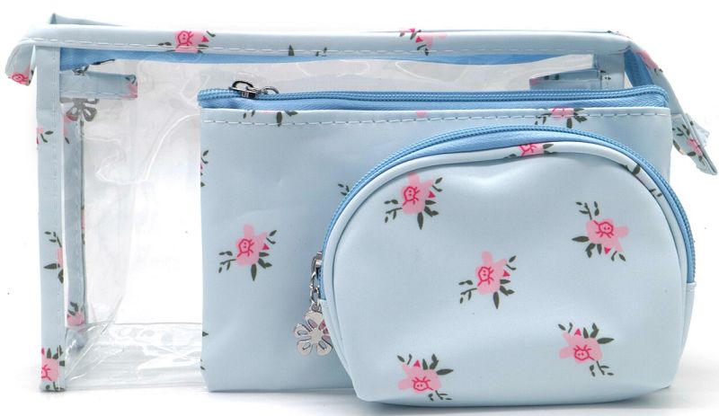 Make-up tassenset 3 stuks floral bloemenprint roze bloemetjes lichtblauw transparant waterafstotend reis toilettas
