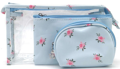 Make-up tassenset 3 stuks floral bloemenprint roze bloemetjes lichtblauw transparant waterafstotend reis toilettas