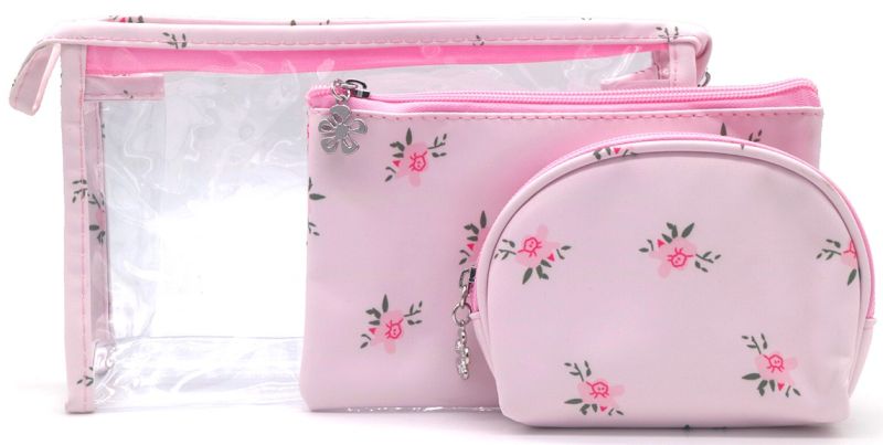 Make-up tassenset 3 stuks floral bloemenprint roze bloemetjes roze transparant waterafstotend reis toilettas