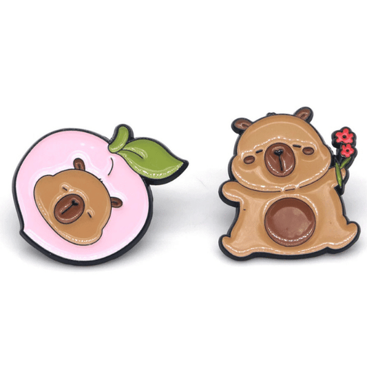 Metalen pin set 2 stuks 3cm capybara perzik bloem emaille glanzend schattig
