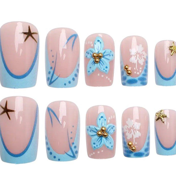 Nepnagels – 24 Stuks – Blauw Roze met Bloemen – Inclusief Plakstrips - Medase