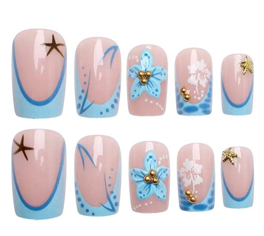Nepnagels – 24 Stuks – Blauw Roze met Bloemen – Inclusief Plakstrips - Medase