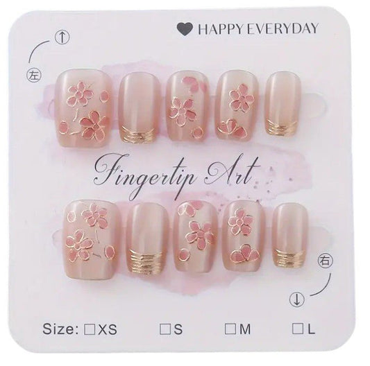 Nepnagels Nude met Gouden Bloemen – Cat Eye Effect – 10 stuks - Medase