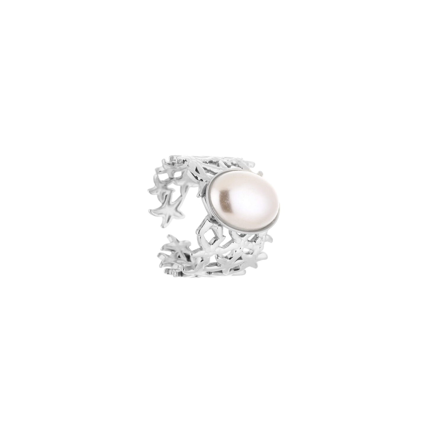 Zilverkleurige stainless steel ring met parel - Medase