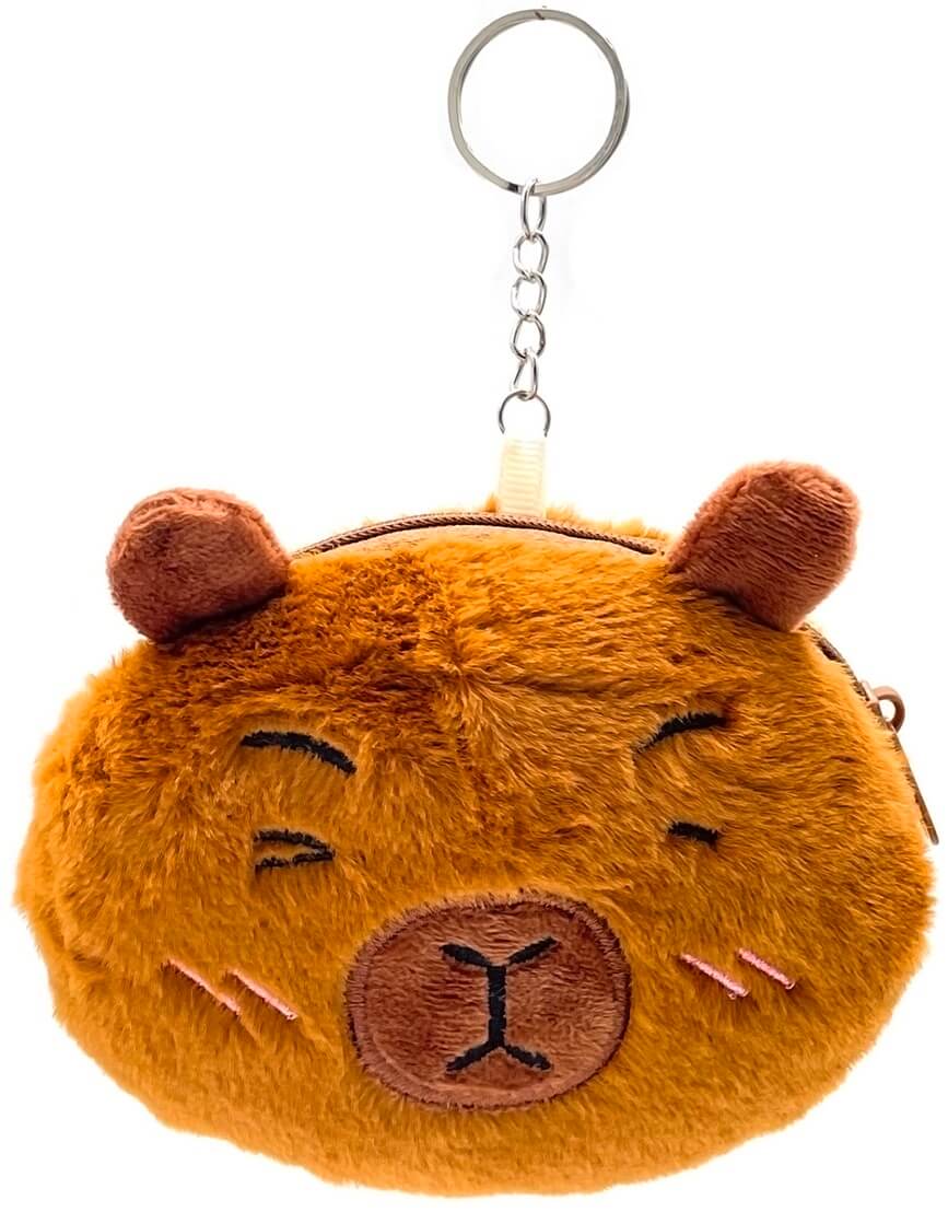Pluche capybara sleutelhanger portemonnee 12x10cm gesloten oogjes lieve glimlach kawaii tas accessoire