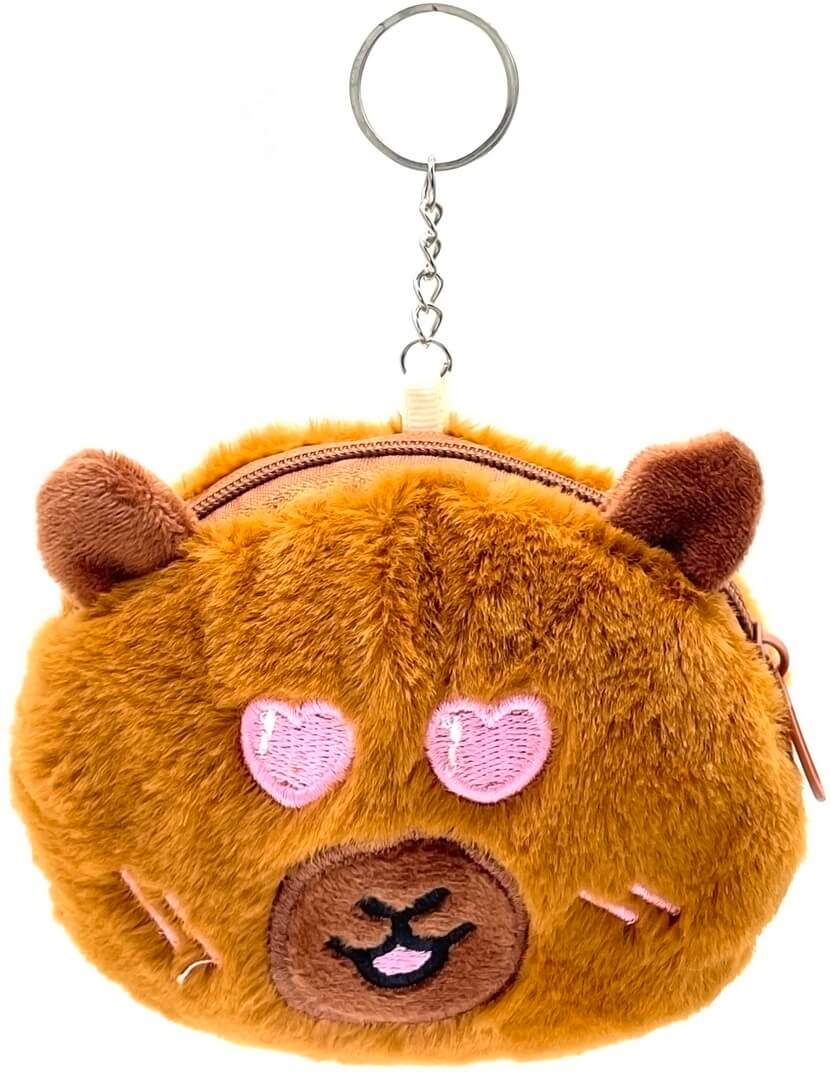 Pluche capybara sleutelhanger portemonnee 12x10cm hartjes oogjes roze glimlach kawaii tas accessoire