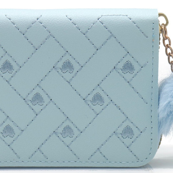 Portemonnee 12x9cm PU leer lichtblauw gestikt hartjespatroon pompon goudkleurige rits elegant