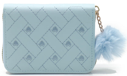 Portemonnee 12x9cm PU leer lichtblauw gestikt hartjespatroon pompon goudkleurige rits elegant