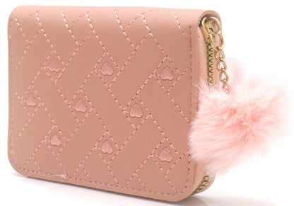 Portemonnee 12x9cm PU leer roze gestikt hartjespatroon pompon goudkleurige rits elegant
