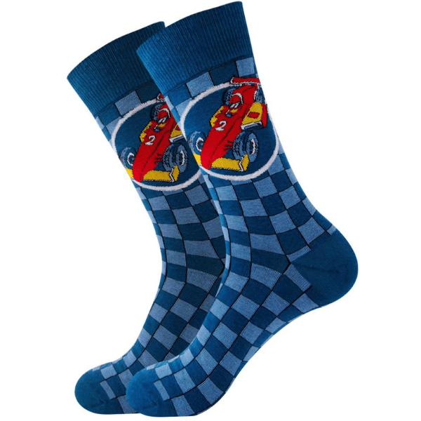 Racewagen sokken blauw geblokt patroon rode racewagen maat 38-45 71% katoen 26% nylon 3% elastaan