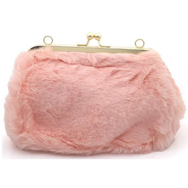 Roze fluffy clutch 23 x 14 cm met goudkleurige beugelsluiting, voorzijde